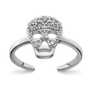 Rhodium Plated Sterling Silver 10mm Cubic Zirconia Skull Toe Ring